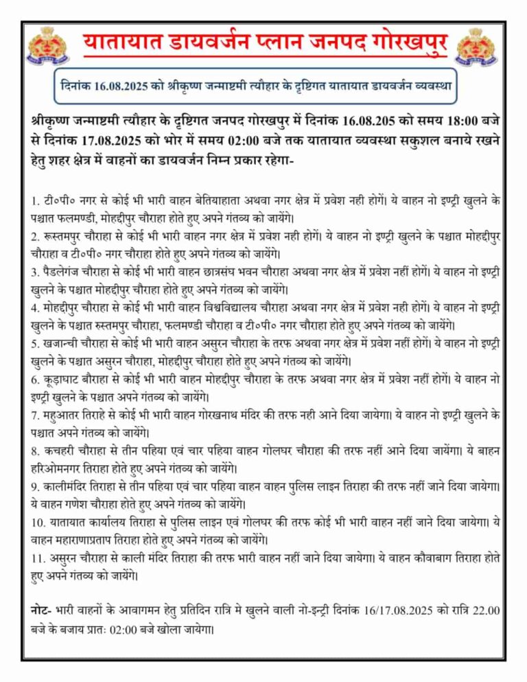 श्रीकृष्ण जन्माष्टमी (Shri Krishna Janmashtami) पर मुख्य ट्रैफिक डायवर्जन (Traffic Diversion) नियम: