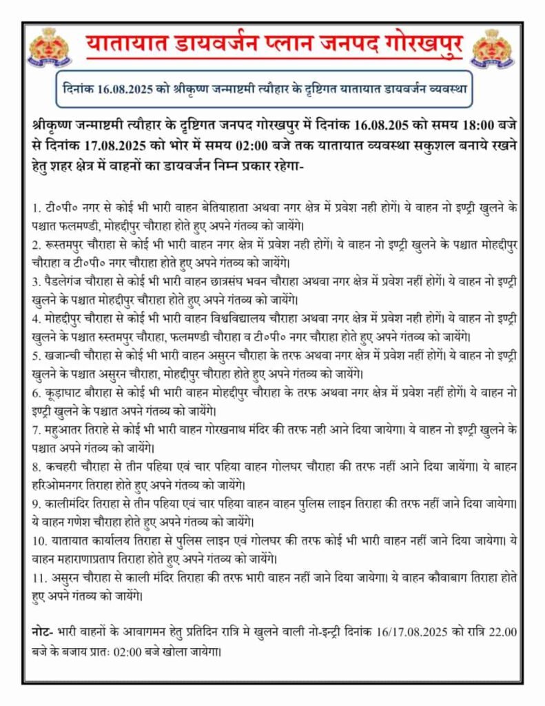 श्रीकृष्ण जन्माष्टमी (Shri Krishna Janmashtami) पर गोरखपुर में यातायात बदला श्रीकृष्ण जन्माष्टमी (Shri Krishna Janmashtami) पर मुख्य ट्रैफिक डायवर्जन (Traffic Diversion) नियम: