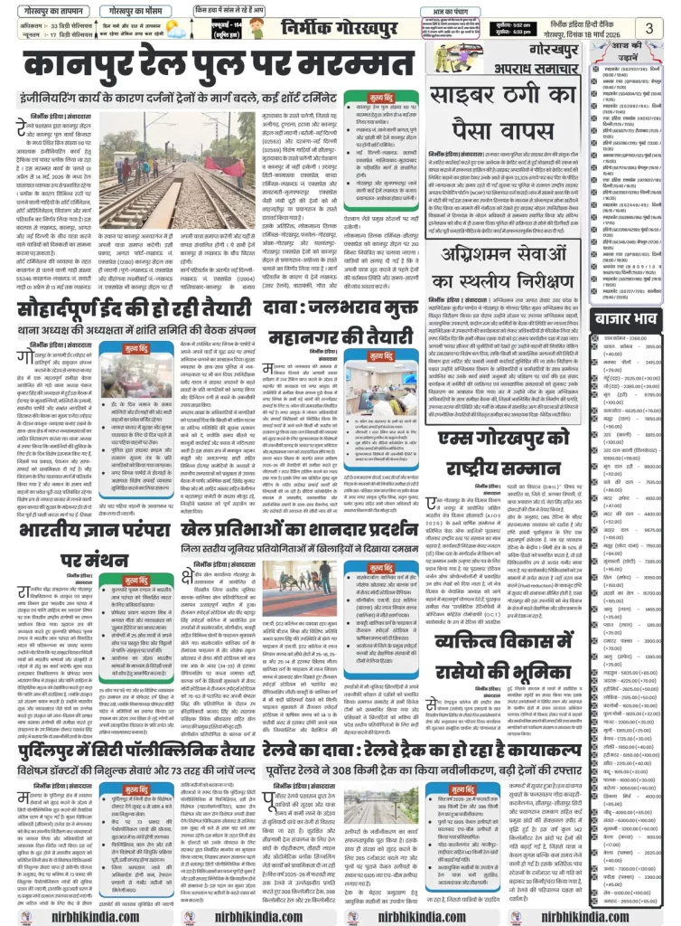 18 march 2026 nirbhik india epaper gorakhpur Newspaper layout with various articles.