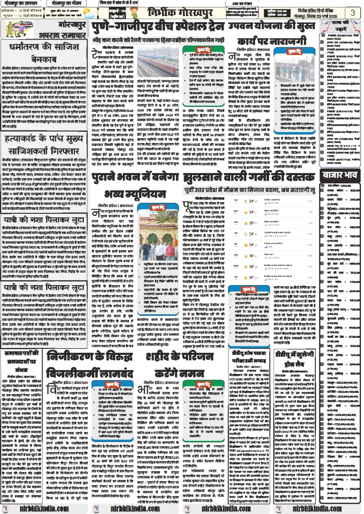 23 march 2026 nirbhik india gorakhpur epaper Newspaper layout with various articles.