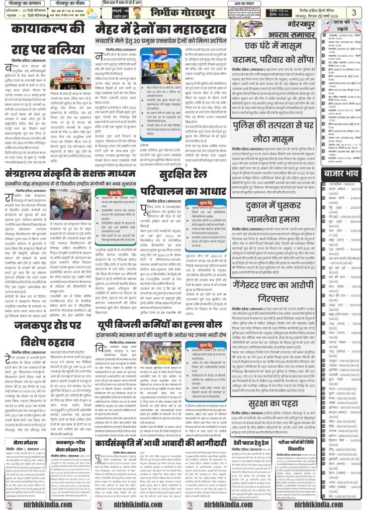 18 march 2026 nirbhik india epaper gorakhpur Newspaper layout with various articles.