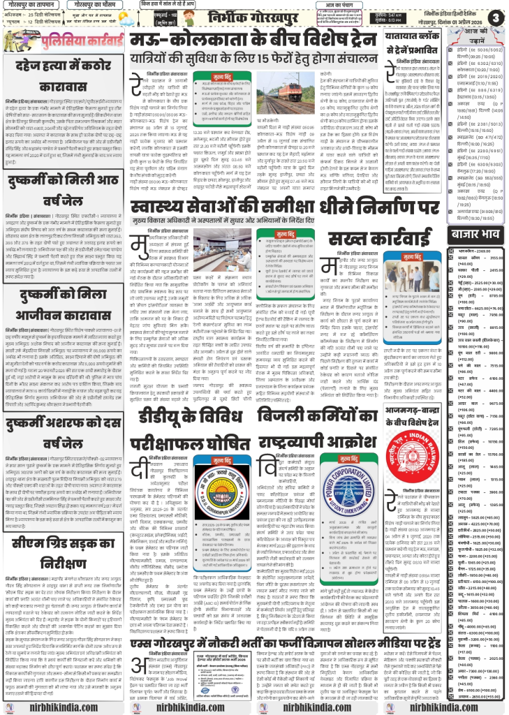 gorakhpur epaper 01 April 2026 nirbhik india Gorakhpur local news with Nirbhik India