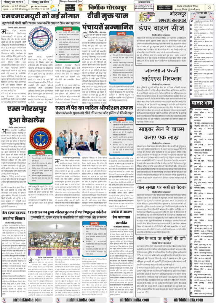 gorakhpur epaper 25 march 2026 nirbhik india Newspaper layout with various articles.