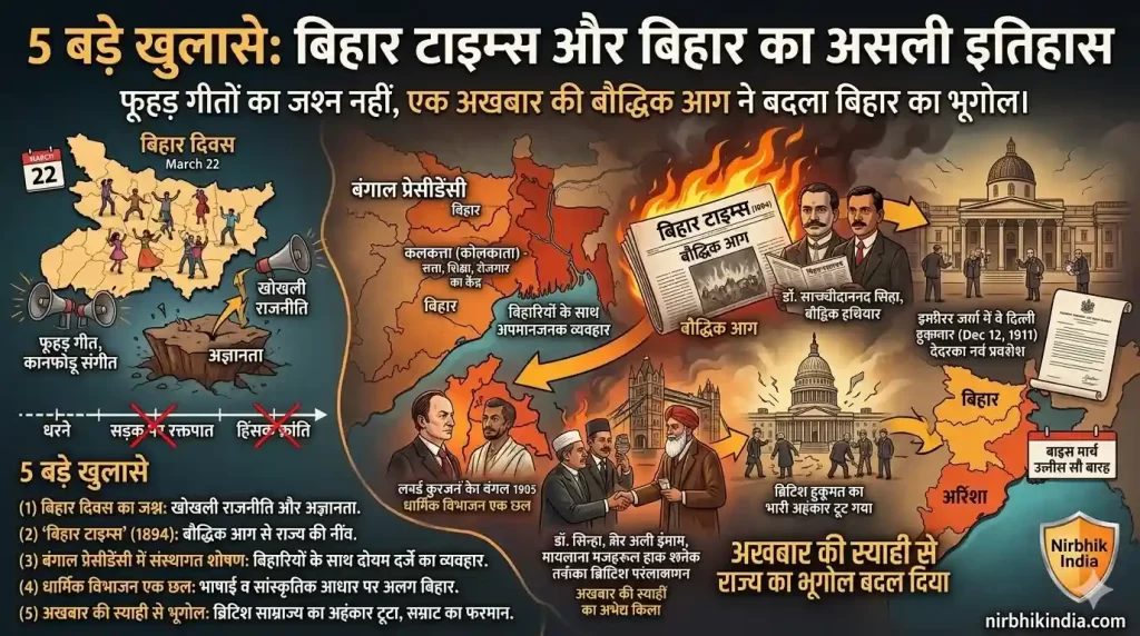 बिहार दिवस की सच्चा इतिहास (bihar diwas true History) और 5 खुलासे : बिहार दिवस विशेष लेख बिहार दिवस की सच्चा इतिहास (bihar diwas true History): कैसे 'बिहार टाइम्स' की स्याही ने ब्रिटिश साम्राज्य को झुकाया और आज के बिहारी इसे क्यों भूल गए?
