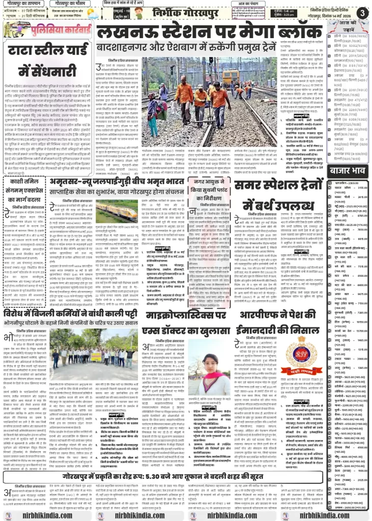 gorakhpur epaper Nirbhik India 14 may 2026 Regional & Infrastructure - News on Lucknow rail service disruption and Assam's UCC bill updates