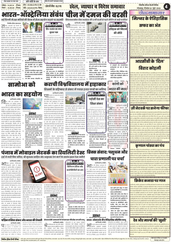 Nirbhik India gorakhpur epaper 02 June 2026 Nirbhik India Page 4 Sports coverage of Virat Kohli IPL triumph, James Milner retirement, China's Tiananmen square censorship, and Karachi University education crisis.