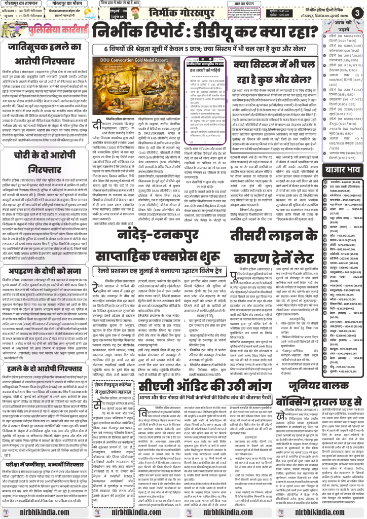 Nirbhik India gorakhpur epaper 05 july 2026 Nirbhik India editorial and opinion page focusing on DDU Gorakhpur University convocation gold medal analysis and youth employment trends.