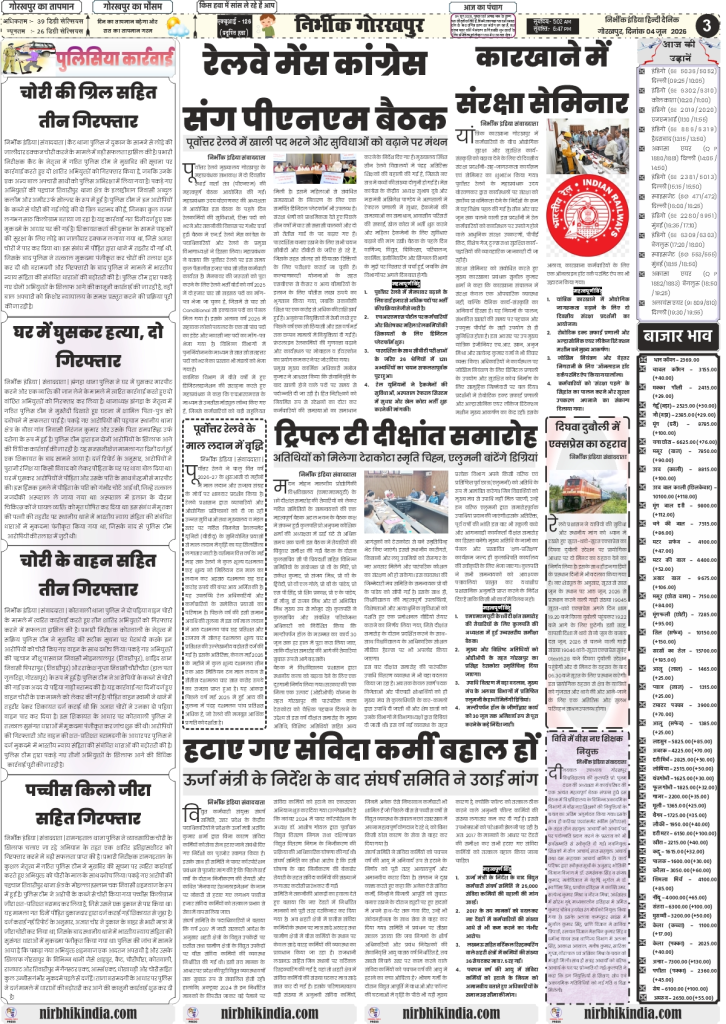 Nirbhik India gorakhpur epaper 04 June 2026 Page 3 Alt Text: Nirbhik India Gorakhpur Regional News Page 04 June 2026 covering North Eastern Railway safety seminar, MMMUT convocation terracotta souvenirs, and UP power department contract workers protest