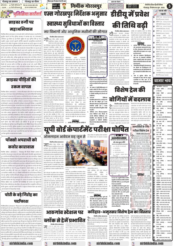 Nirbhik India gorakhpur epaper 05 June 2026 Page 3 Alt Text: Nirbhik India Gorakhpur Local News Page dated 05 June 2026, featuring reports on AIIMS Gorakhpur health infrastructure upgrade, DDU University admission deadline extension, UP Board compartment online registration guidelines, and local police cyber-crime awareness drives.