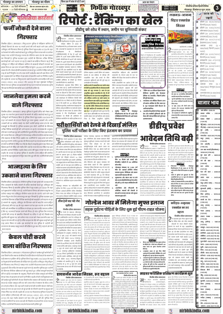 Nirbhik India gorakhpur epaper 12 June 2026 Page 3 (Regional & DDU University): Nirbhik India Page 3 covering Gorakhpur DDU University NIRF ranking vs ground reality analysis and local infrastructure development news