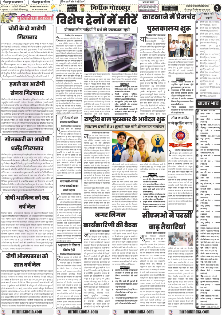 Nirbhik India gorakhpur epaper 13 June 2026 Page 3 (Regional & Local Infrastructure): Nirbhik India Page 3 covering Gorakhpur local administrative updates, village development schemes, and North East region industrial growth blueprints.