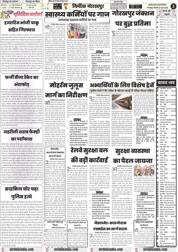 Nirbhik India gorakhpur epaper 23 June 2026 Page 3 (Gorakhpur Regional News): Nirbhik India Page 3 covering Gorakhpur DM's action on negligent healthcare workers, Muharram route inspection by Municipal Commissioner, and Buddha statue installation at Gorakhpur Junction.