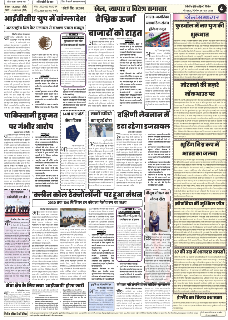 Nirbhik India gorakhpur epaper 25 June 2026 Page 4 (Sports, Business & World): Nirbhik India Page 4 highlighting FIFA World Cup 2026 new era, Donald Trump's Strait of Hormuz energy market updates, and India's 2030 clean coal gasification mission.