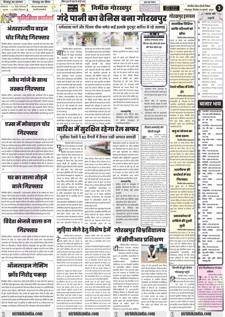 Nirbhik India gorakhpur epaper 23 july 2026 गोरखपुर जलभराव: मूसलाधार बारिश के बाद धर्मशाला मार्ग, विजय चौक, बेतियाहाता और सिविल लाइंस क्षेत्र पूरी तरह जलमग्न; नगर निगम के दावों की पोल खुली।