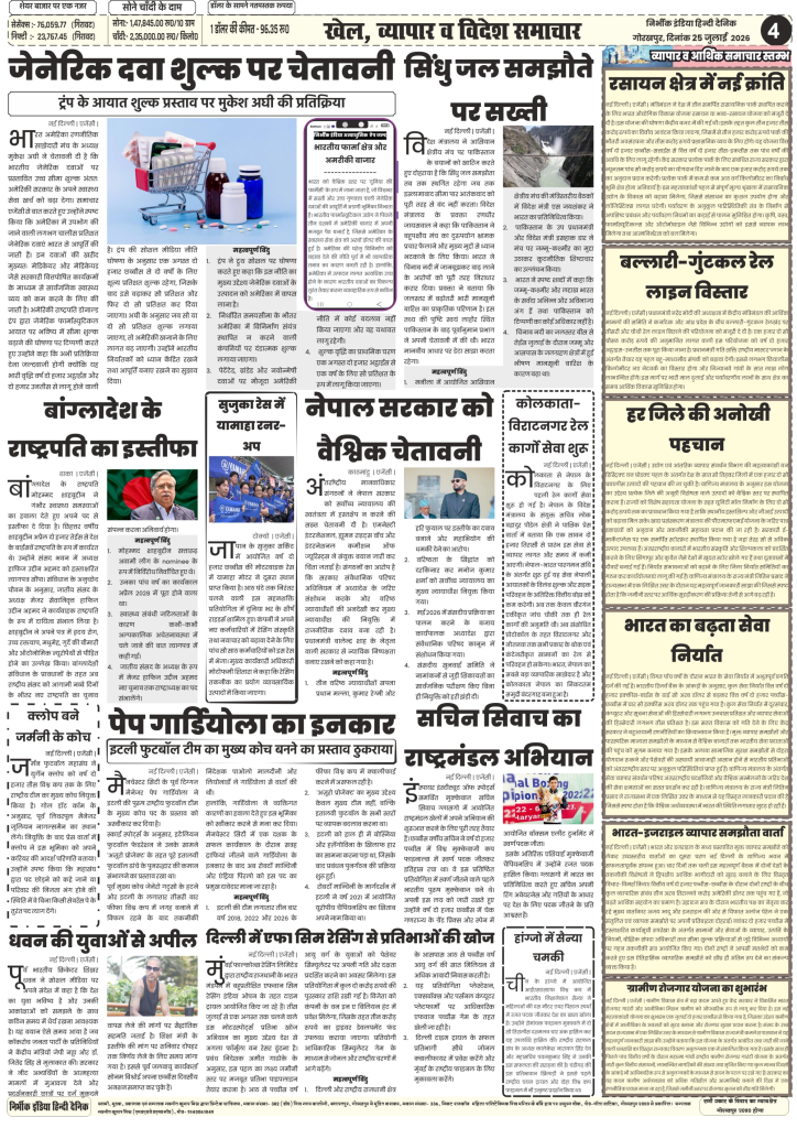 Nirbhik India gorakhpur epaper 25 july 2026 Nirbhik India Epaper 25 July 2026 Page 4 Business World Sports News US Generic Drug Tariff Bangladesh President Resigns Pep Guardiola Indus Waters Treaty