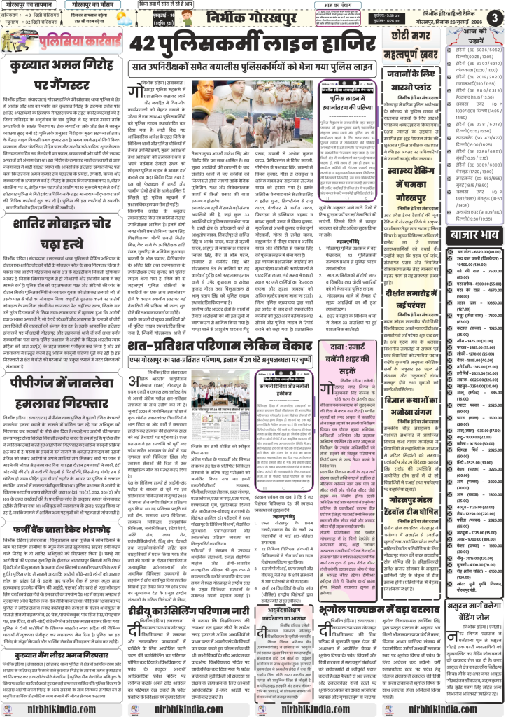 Nirbhik India gorakhpur epaper 26 july 2026 Nirbhik India Gorakhpur Epaper Page 3 Local News 26 July 2026 featuring 42 Cops Line Attached, Aman Gangster Act, AIIMS Result, and DDU Admissions